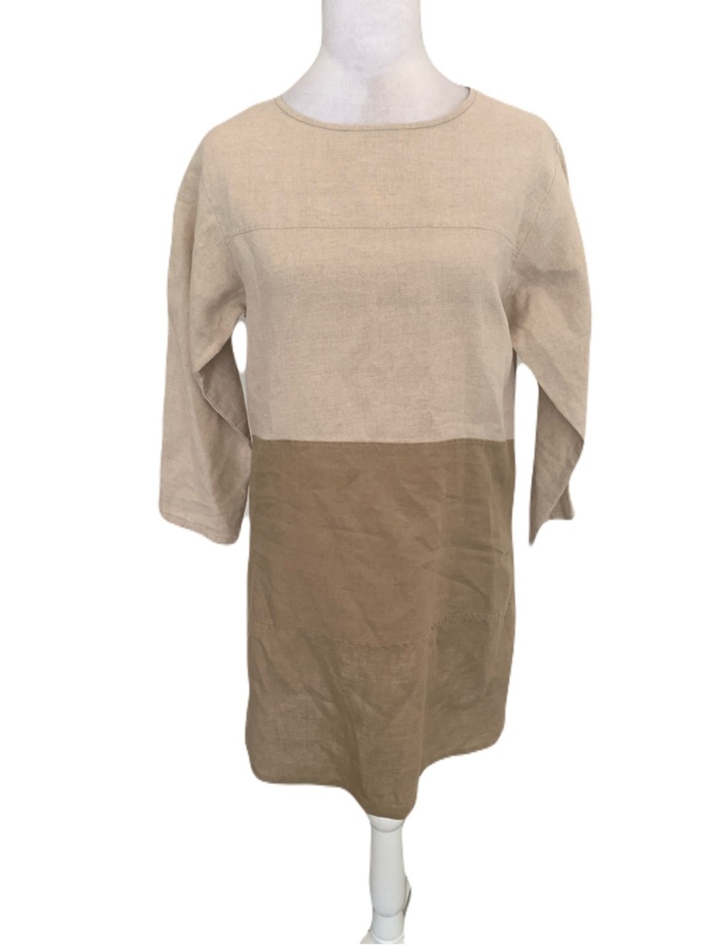 Fisher Found Eileen Fisher Two-Tone Beige Tan XS 100% Linen Tunic Top Minimalist